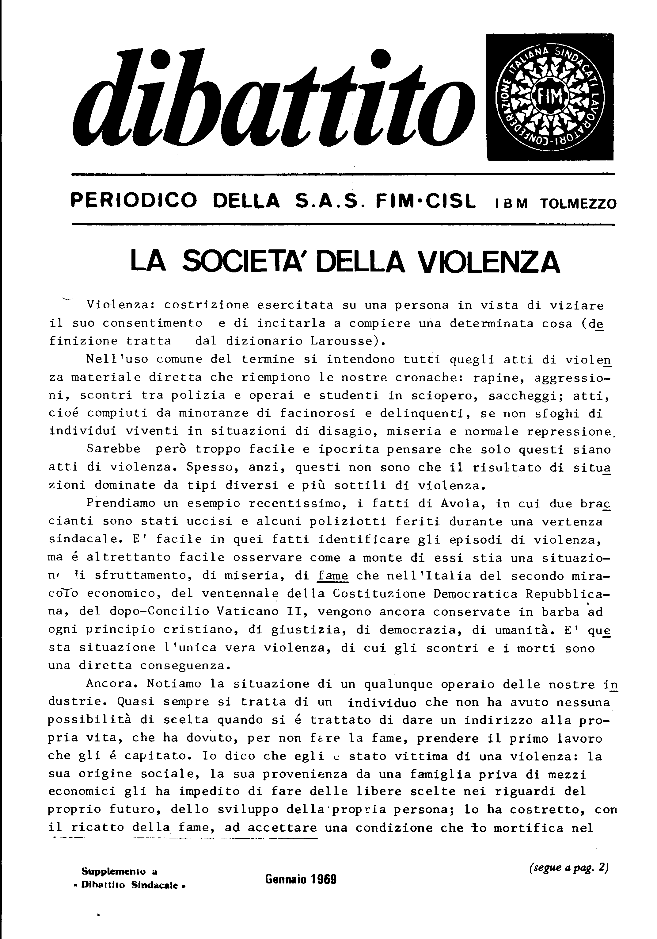 Dibattito - periodico della s.a.s. FIM CISL IBM Tolmezzo - Gennaio 1969