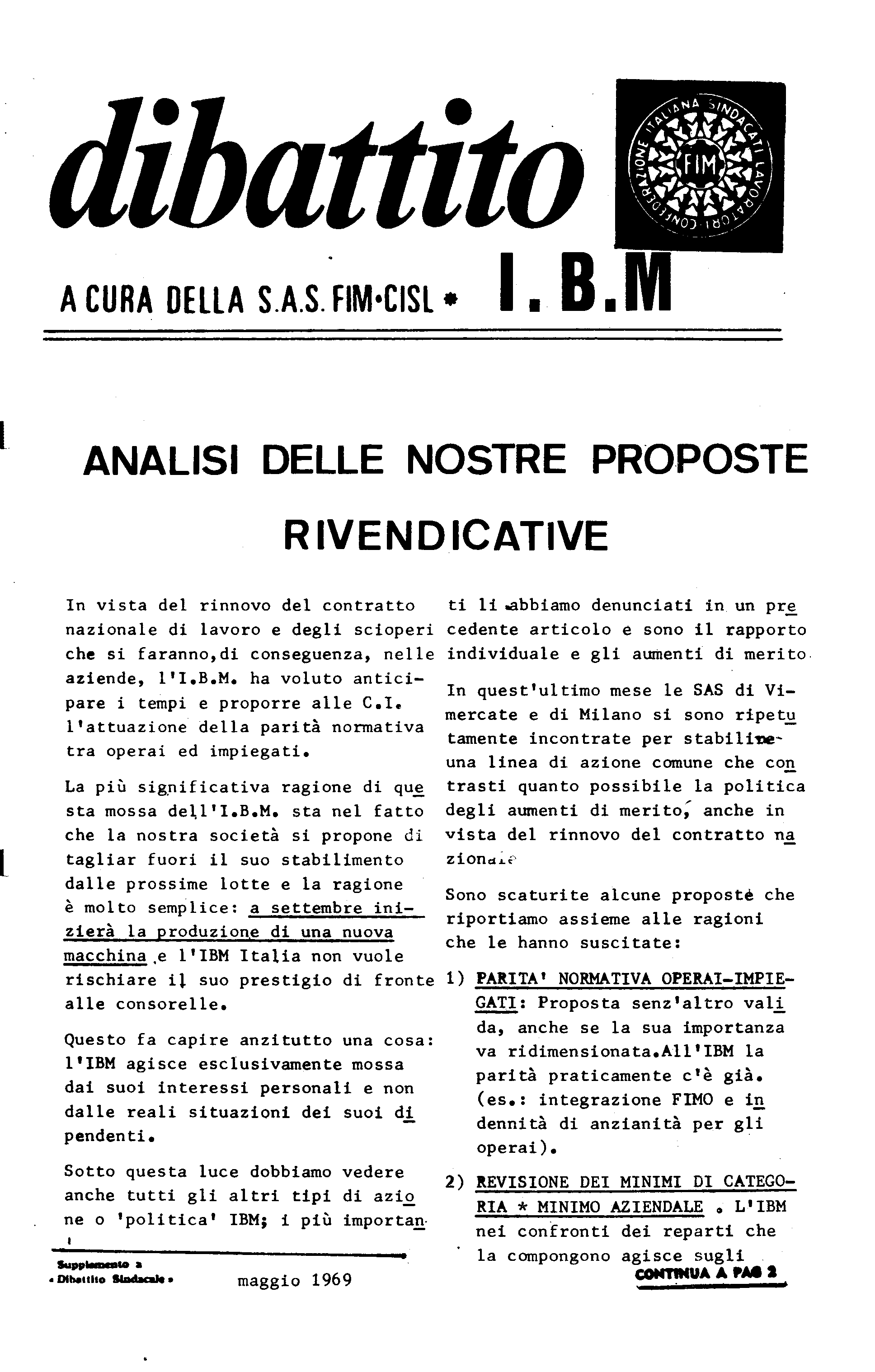Dibattito - periodico della s.a.s. FIM CISL IBM - Maggio  1969