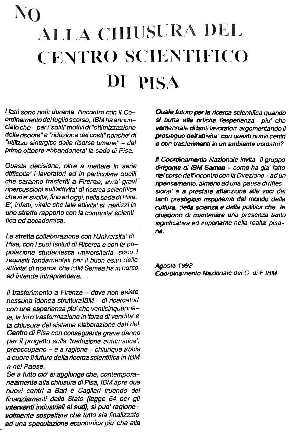 NO alla chiusura del Centro Scientifico di Pisa